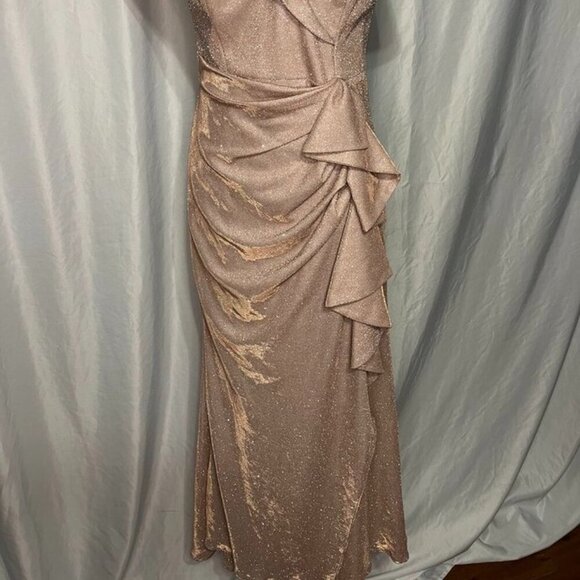 Xscape Metallic Off Shoulder Cascade Ruffle Holiday Party Dress 8 - Picture 8 of 14
